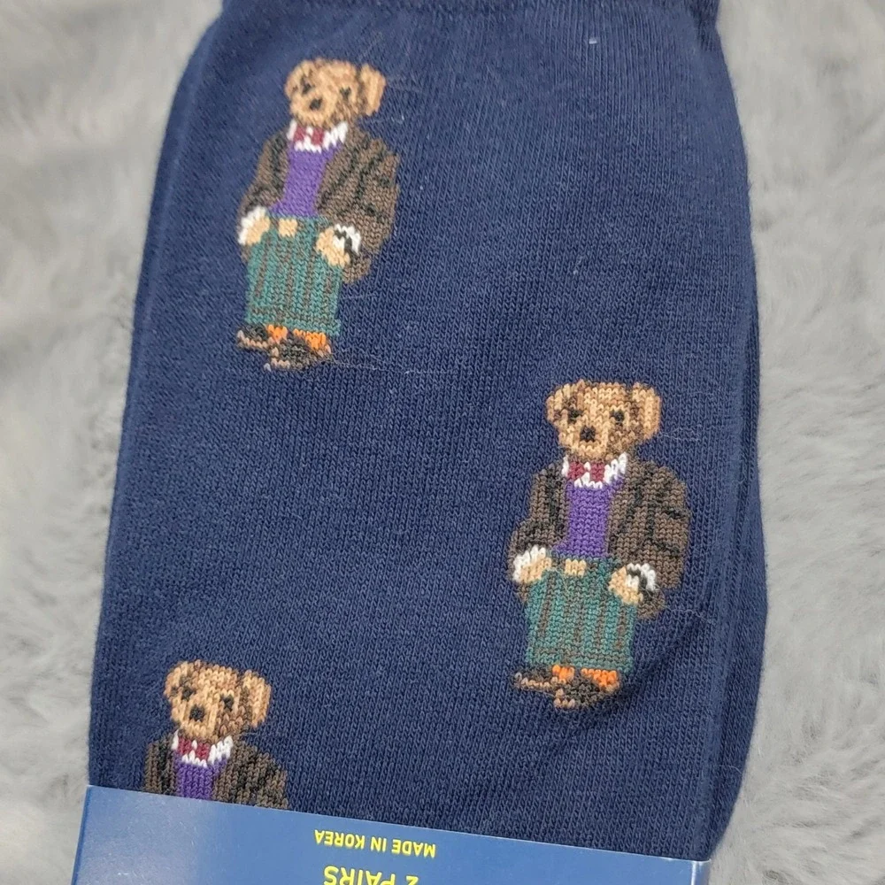 Polo Ralph Lauren Socks Mens 10-13 Navy Preppy Ivy Style Bear Polka Dot 2 Pairs
